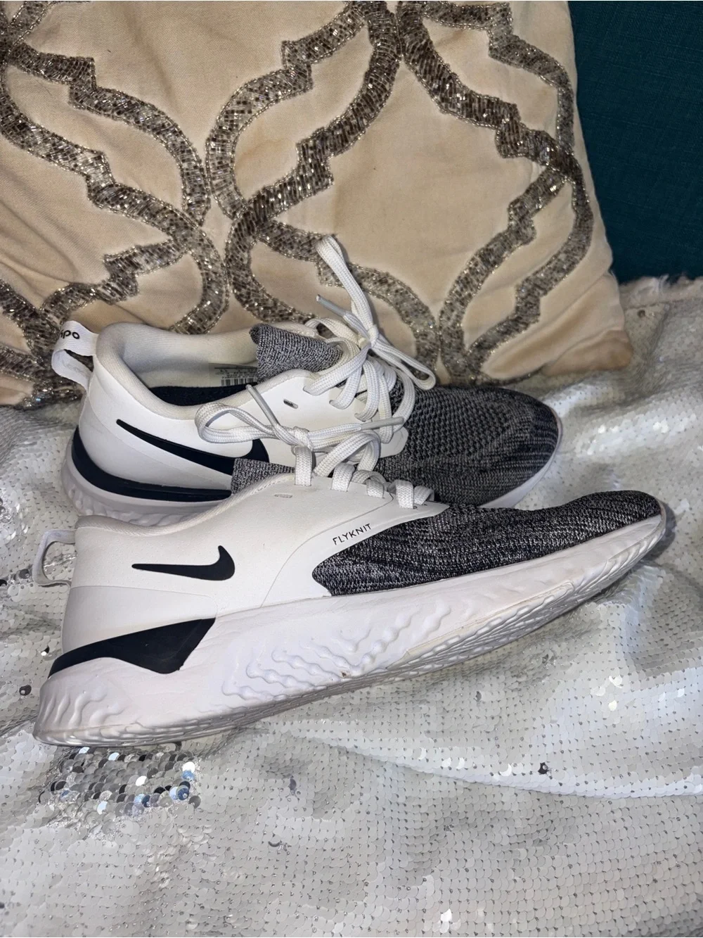 Nike Women's White and Gray Flyknit Training Shoes